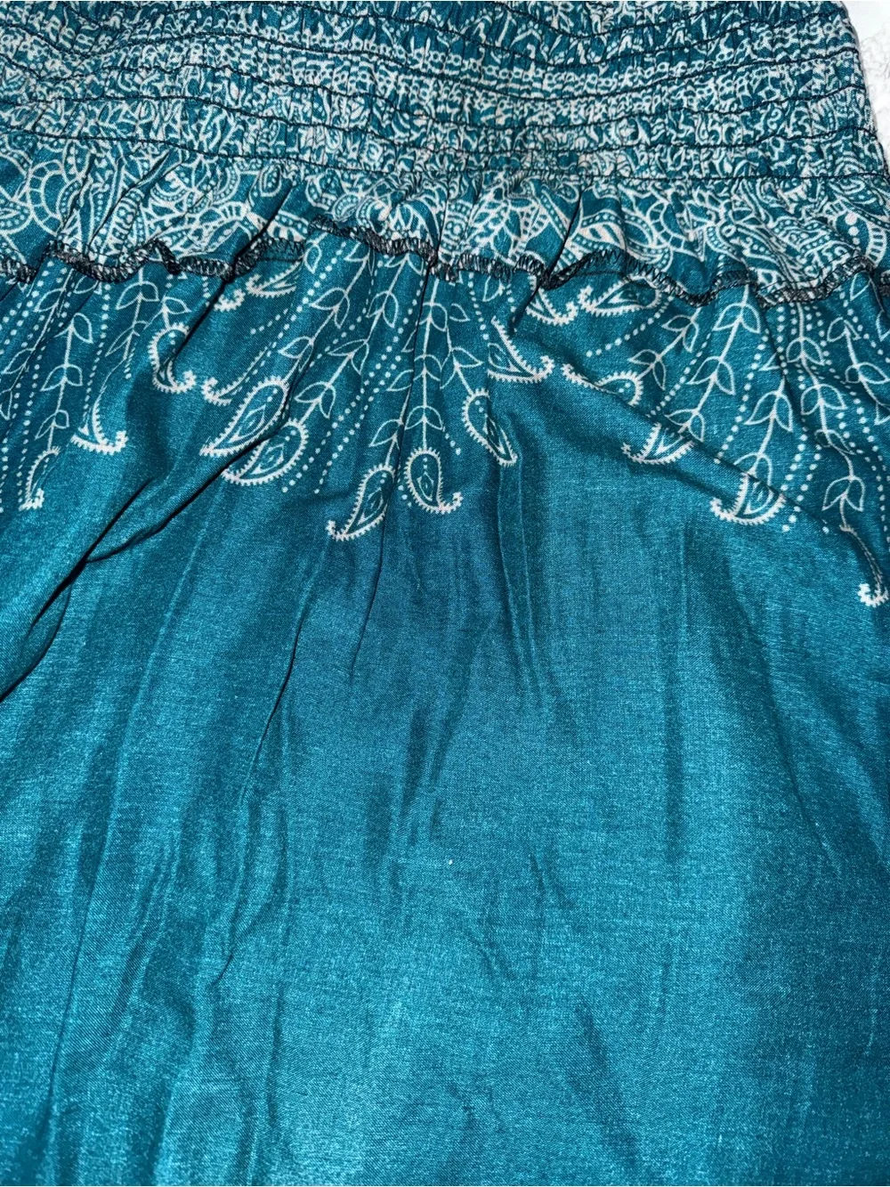 Teal Embroidered Maxi Skirt with Smocked Waist and Tie